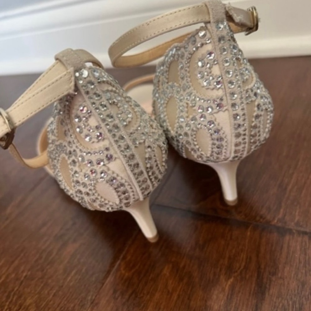 Badgley Mischka Champagne Satin Crystal Ankle-Strap Heels - Picture 3 of 5